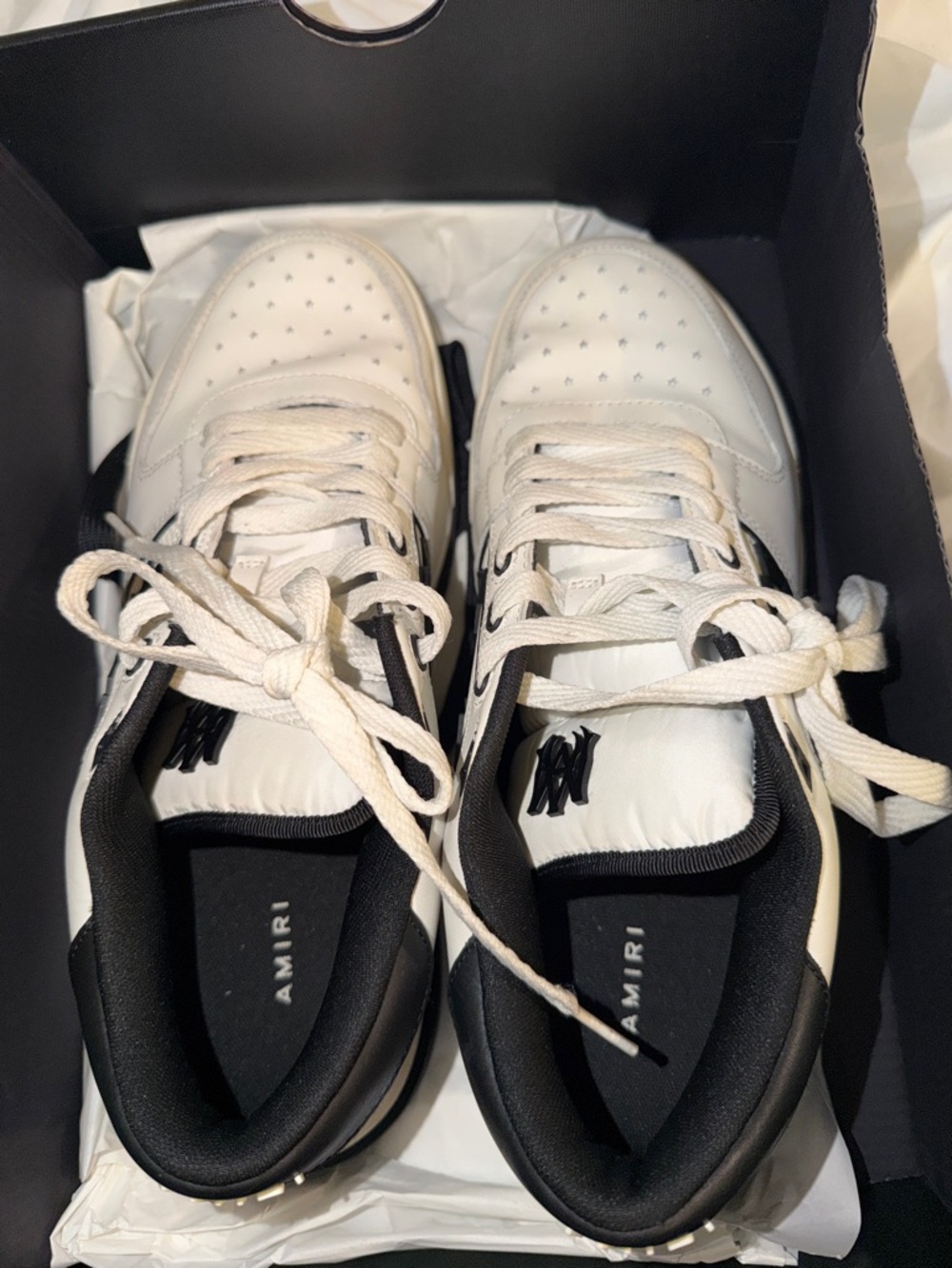 AMIRI White Leather Sneakers with Black Logo Accents - Picture 2 of 5